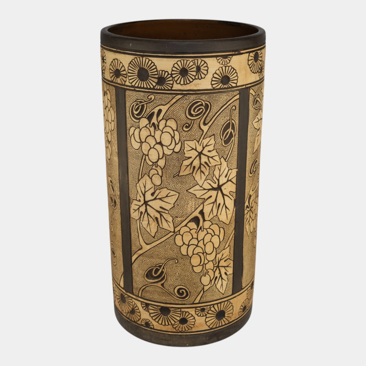Weller Claywood 1910s Art Pottery Brown Ceramic Grapes And Leaves Umbrella Stand - Just Art Pottery