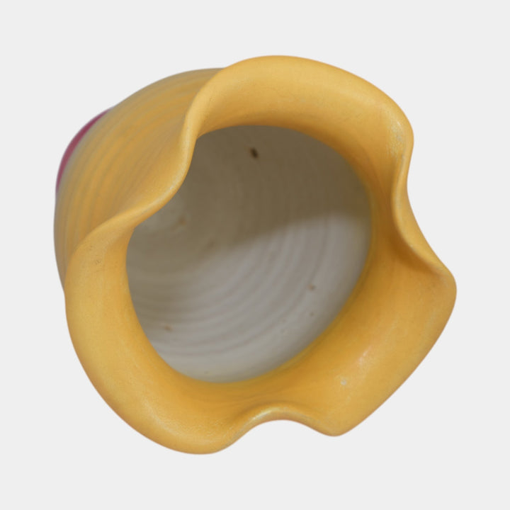 Weller Velvetone 1920s Hand Made Pottery Yellow Pink Scalloped Ruffled Rim Vase - Just Art Pottery