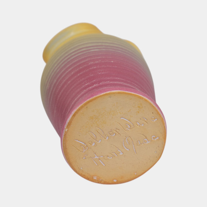 Weller Velvetone 1920s Hand Made Pottery Yellow Pink Scalloped Ruffled Rim Vase - Just Art Pottery