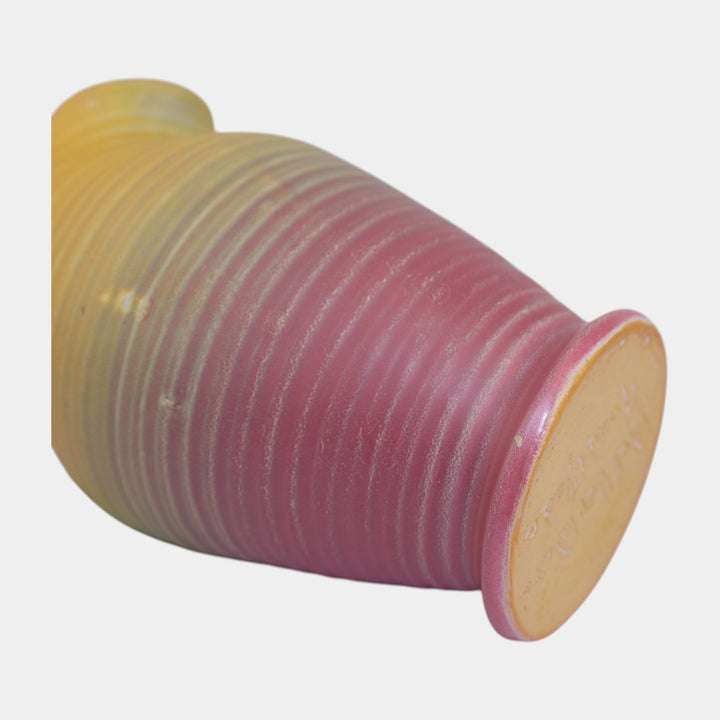 Weller Velvetone 1920s Hand Made Pottery Yellow Pink Scalloped Ruffled Rim Vase - Just Art Pottery