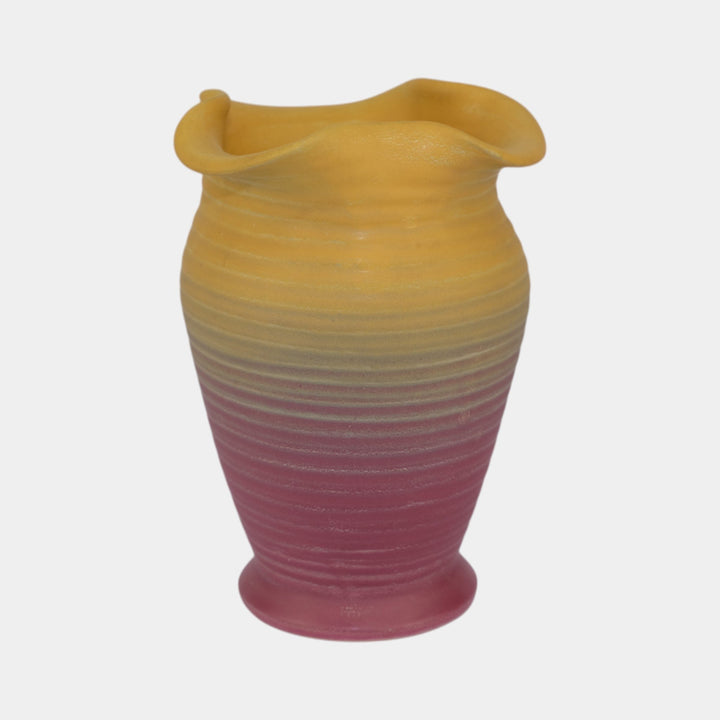 Weller Velvetone 1920s Hand Made Pottery Yellow Pink Scalloped Ruffled Rim Vase - Just Art Pottery