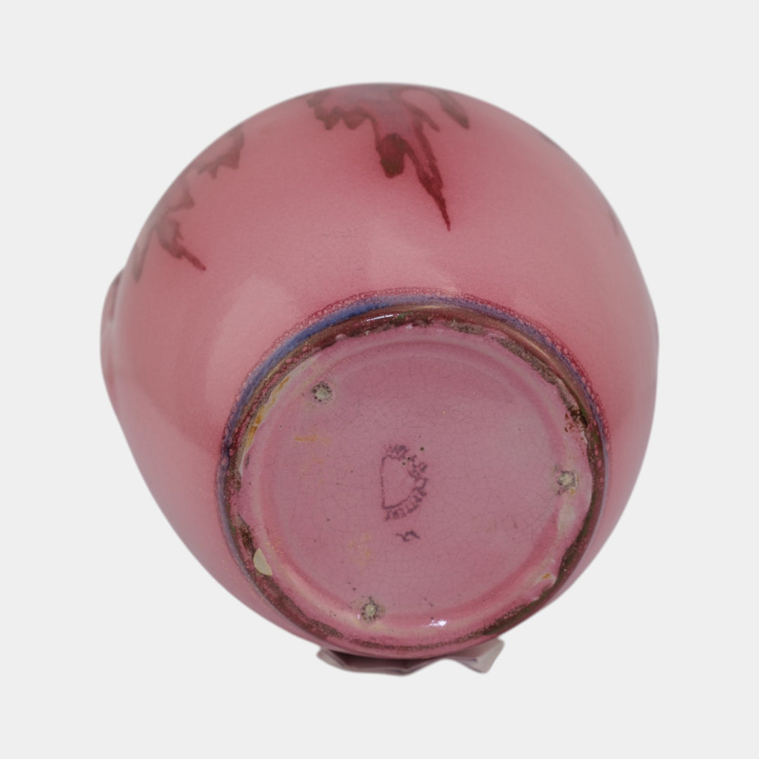 Weller Juneau 1920s Vintage Art Deco Pottery Red Pink Handled Ceramic Vase - Just Art Pottery