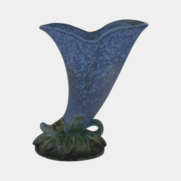 Weller Sydonia 1920s Vintage Art Deco Pottery Mottled Blue Cornucopia Vase - Just Art Pottery