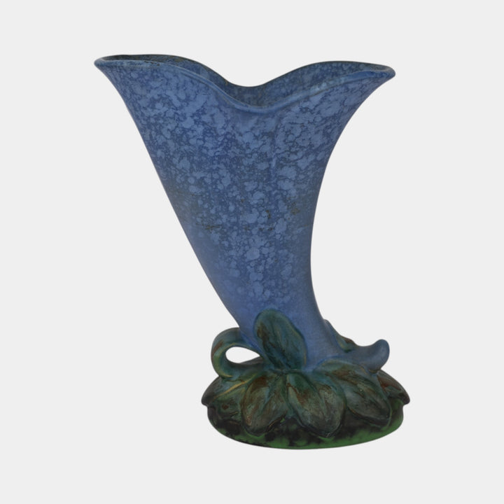 Weller Sydonia 1920s Vintage Art Deco Pottery Mottled Blue Cornucopia Vase - Just Art Pottery
