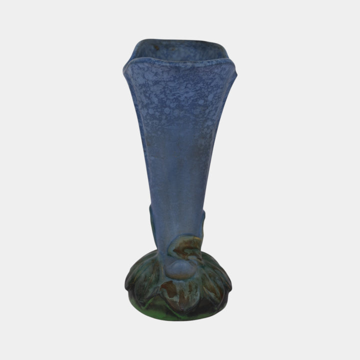 Weller Sydonia 1920s Vintage Art Deco Pottery Mottled Blue Cornucopia Vase - Just Art Pottery