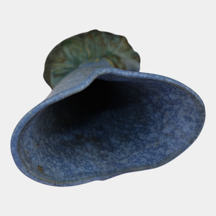 Weller Sydonia 1920s Vintage Art Deco Pottery Mottled Blue Cornucopia Vase - Just Art Pottery