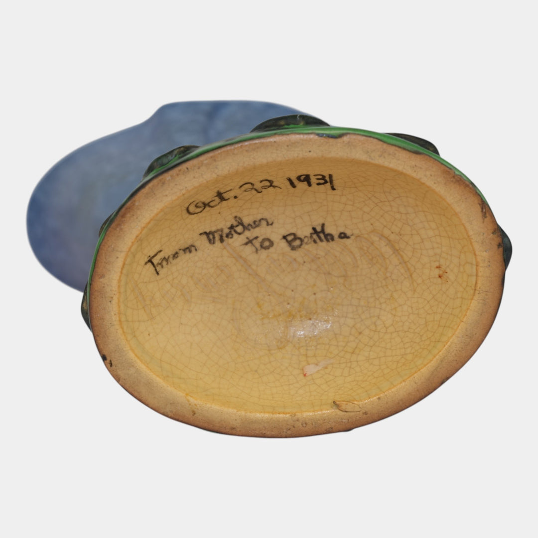 Weller Sydonia 1920s Vintage Art Deco Pottery Mottled Blue Cornucopia Vase - Just Art Pottery