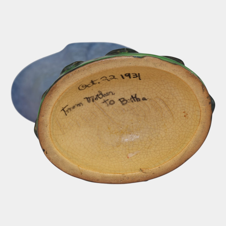 Weller Sydonia 1920s Vintage Art Deco Pottery Mottled Blue Cornucopia Vase - Just Art Pottery