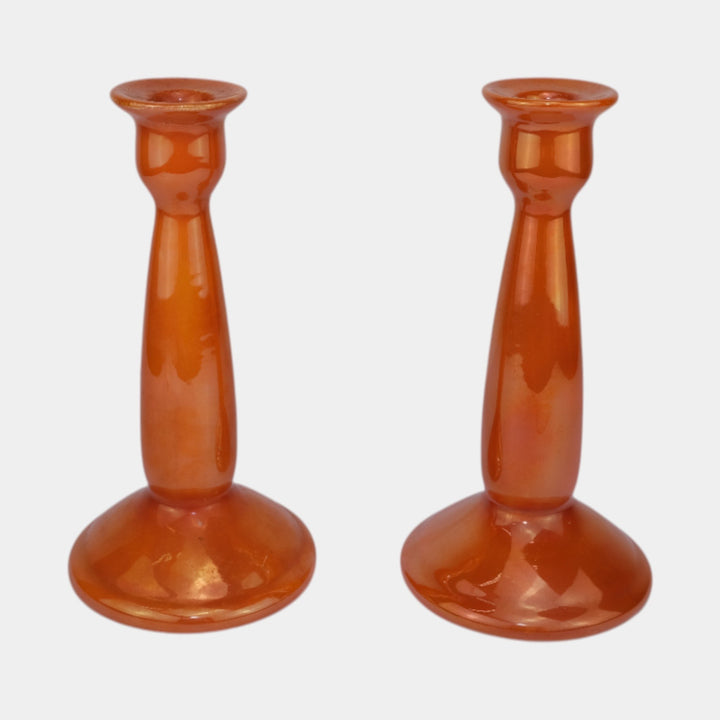 Weller Lustre 1920 Vintage Art Deco Orange Iridescent Ceramic Candle Holders - Just Art Pottery