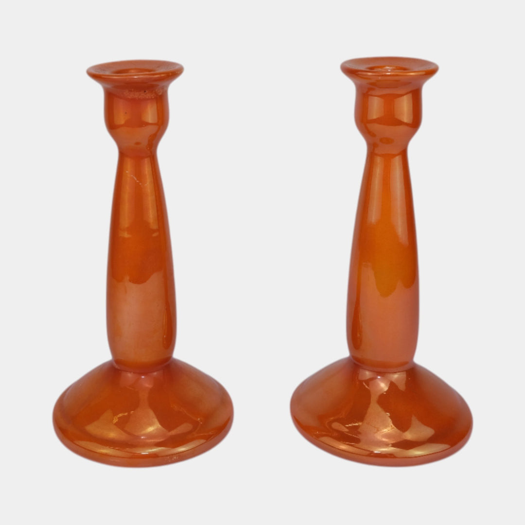 Weller Lustre 1920 Vintage Art Deco Orange Iridescent Ceramic Candle Holders - Just Art Pottery