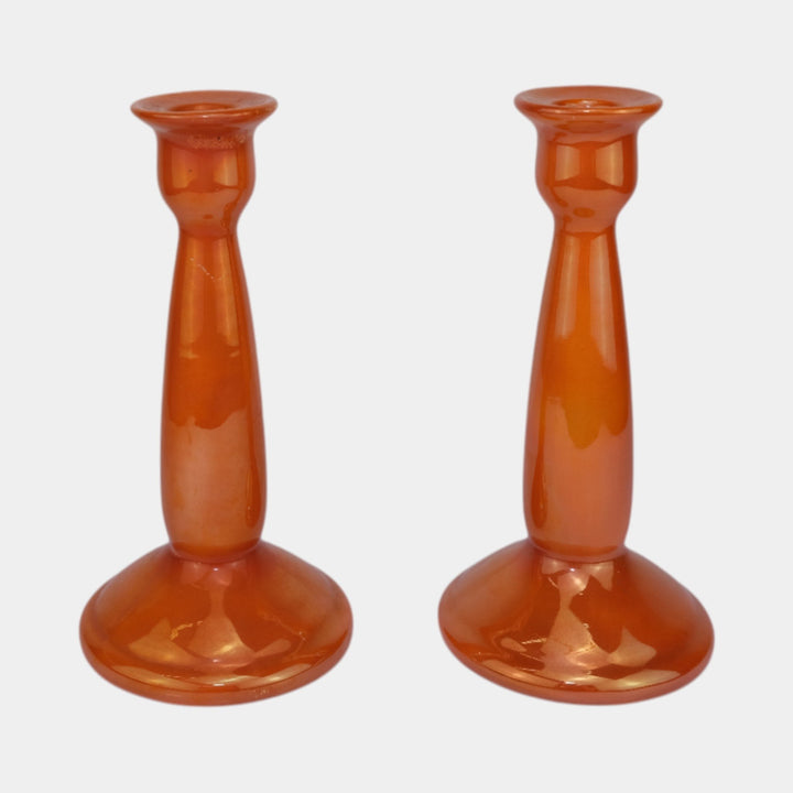 Weller Lustre 1920 Vintage Art Deco Orange Iridescent Ceramic Candle Holders - Just Art Pottery