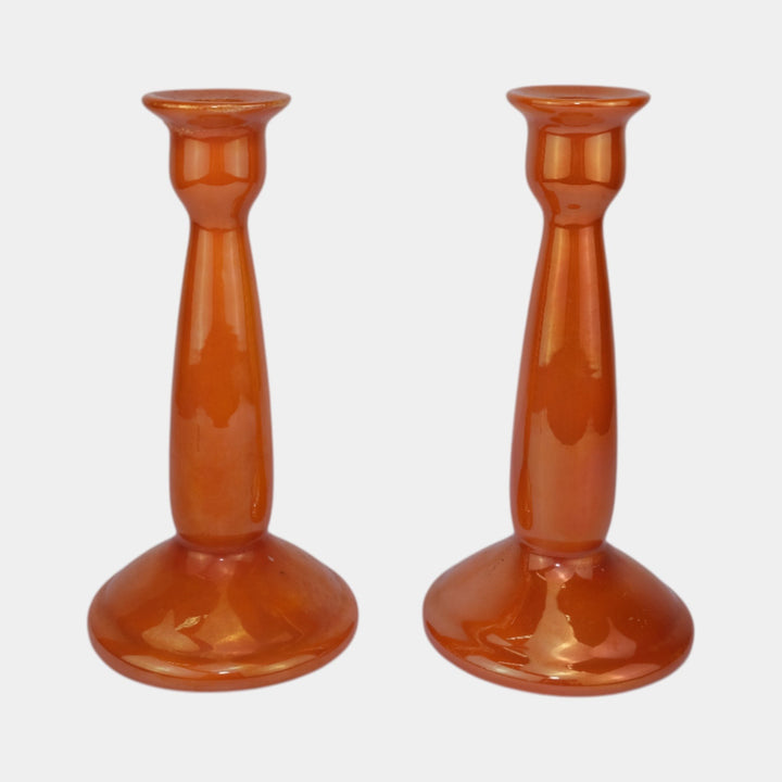 Weller Lustre 1920 Vintage Art Deco Orange Iridescent Ceramic Candle Holders - Just Art Pottery