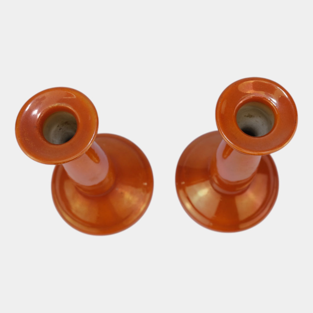 Weller Lustre 1920 Vintage Art Deco Orange Iridescent Ceramic Candle Holders - Just Art Pottery