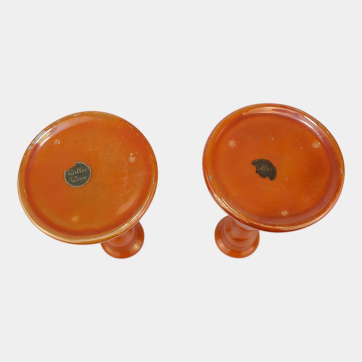 Weller Lustre 1920 Vintage Art Deco Orange Iridescent Ceramic Candle Holders - Just Art Pottery