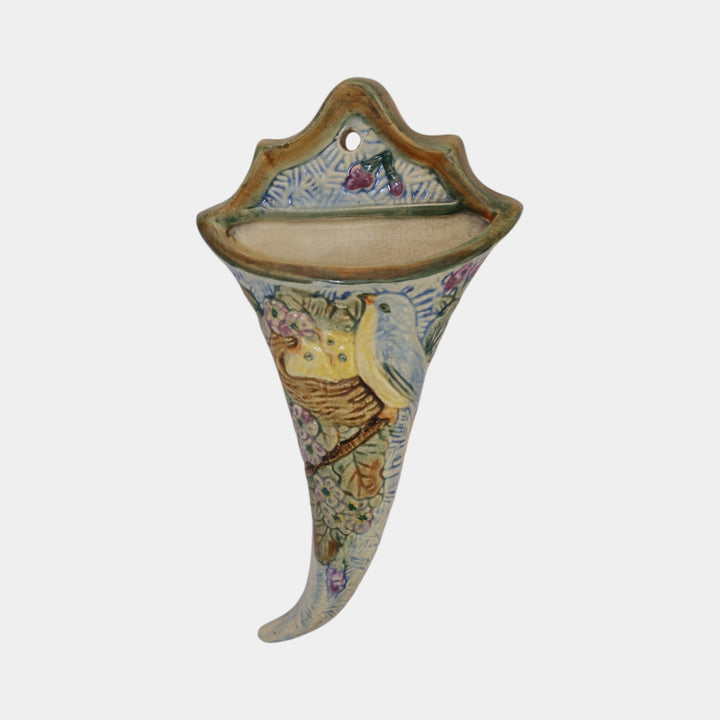 Weller Glendale 1920s Vintage Blue Art Pottery Birds and Nest Wall Pocket - Just Art Pottery