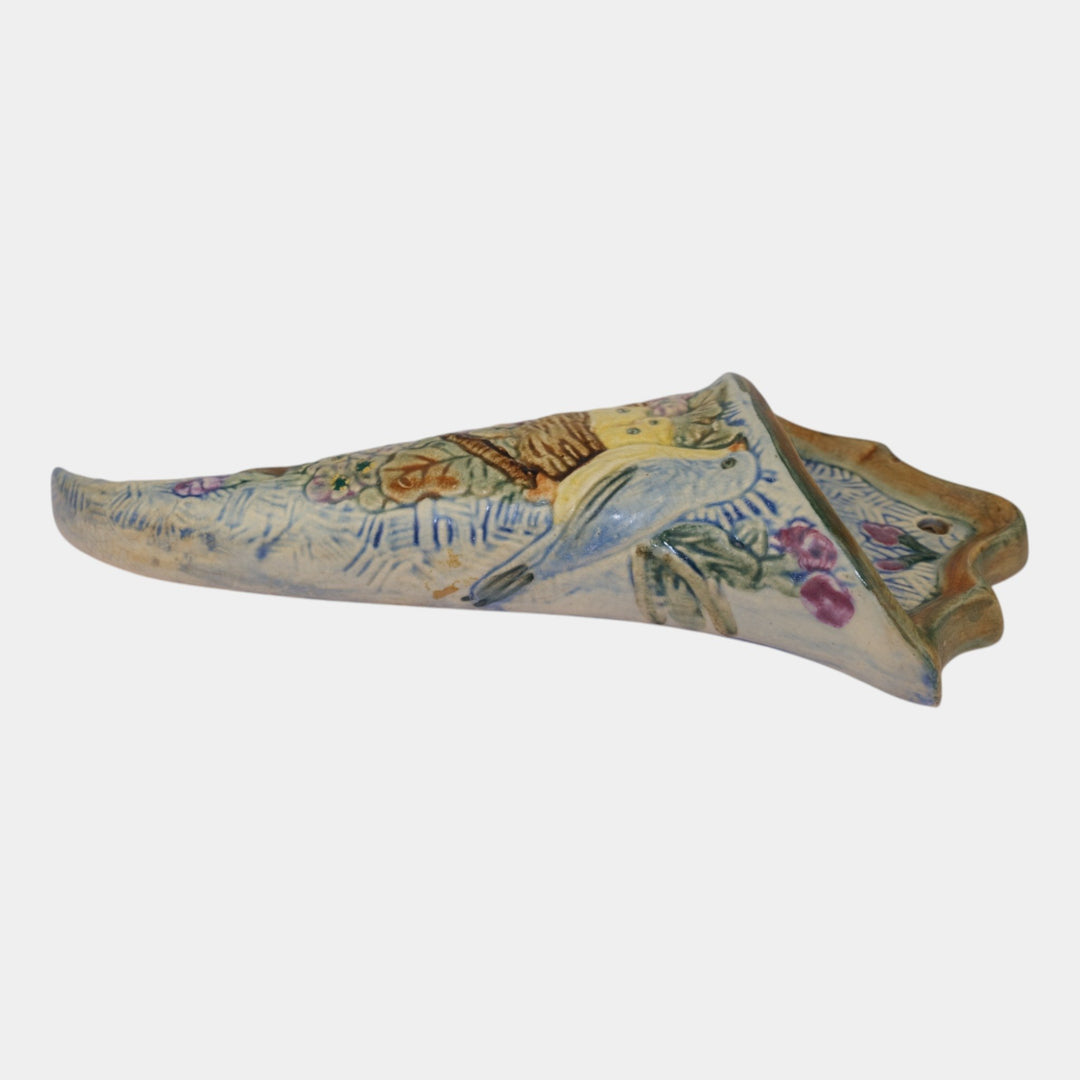 Weller Glendale 1920s Vintage Blue Art Pottery Birds and Nest Wall Pocket - Just Art Pottery