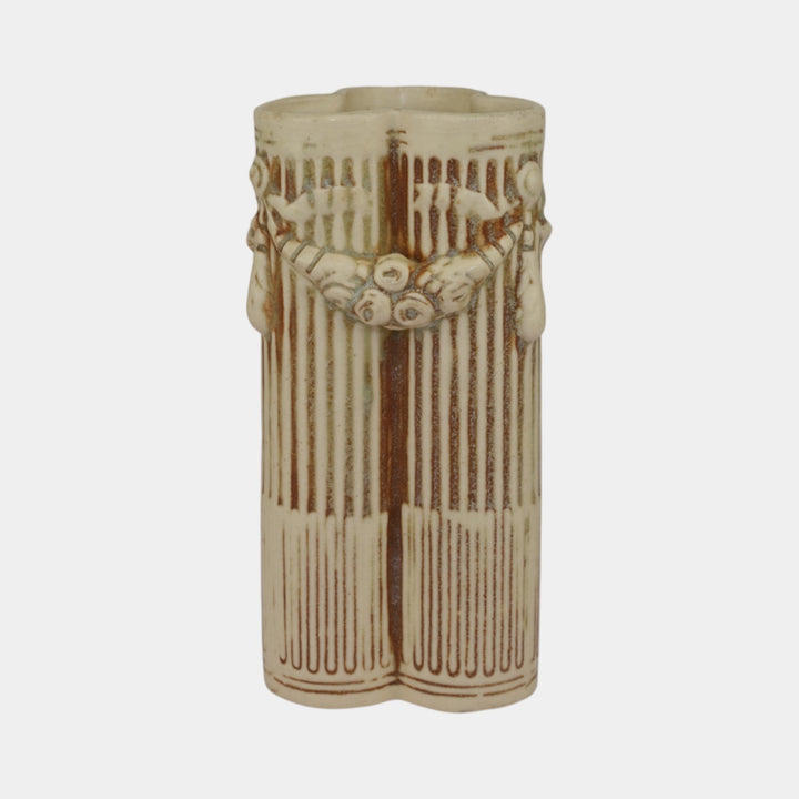 Weller Clinton Ivory 1914 Vintage Art Pottery Ceramic Tri Column Vase - Just Art Pottery