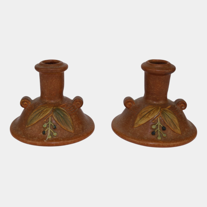 Weller Cornish 1933 Vintage Art Pottery Brown Ceramic Candle Holders - Just Art Pottery