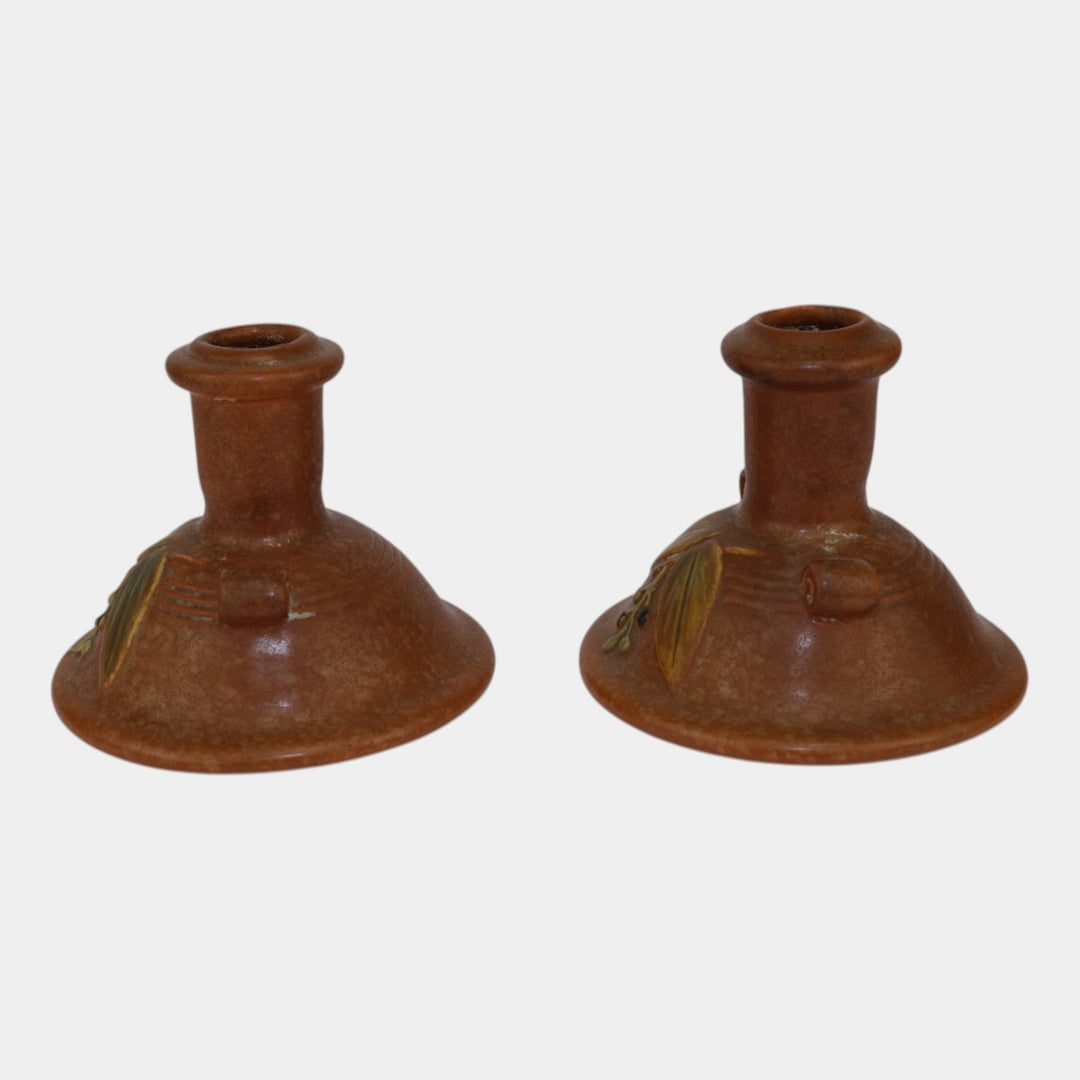 Weller Cornish 1933 Vintage Art Pottery Brown Ceramic Candle Holders - Just Art Pottery