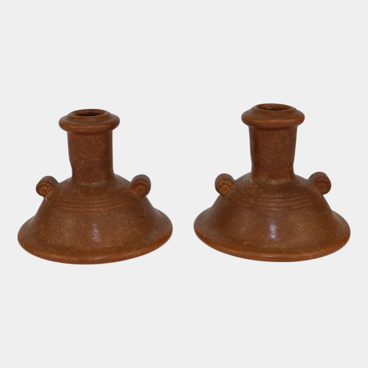 Weller Cornish 1933 Vintage Art Pottery Brown Ceramic Candle Holders - Just Art Pottery