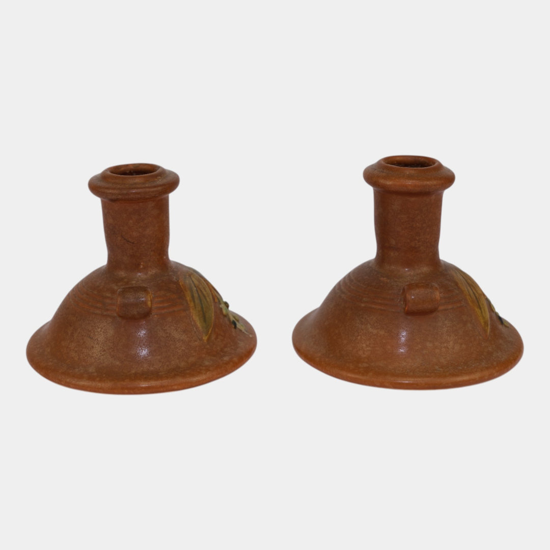 Weller Cornish 1933 Vintage Art Pottery Brown Ceramic Candle Holders - Just Art Pottery