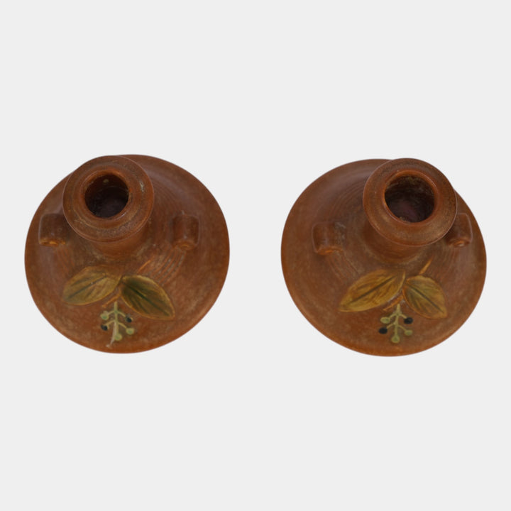 Weller Cornish 1933 Vintage Art Pottery Brown Ceramic Candle Holders - Just Art Pottery