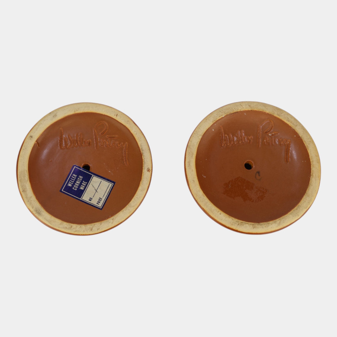 Weller Cornish 1933 Vintage Art Pottery Brown Ceramic Candle Holders - Just Art Pottery