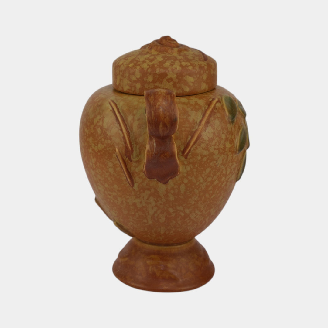 Weller Goldenglow 1920s Vintage Art Pottery Mottled Orange Covered Jar - Just Art Pottery