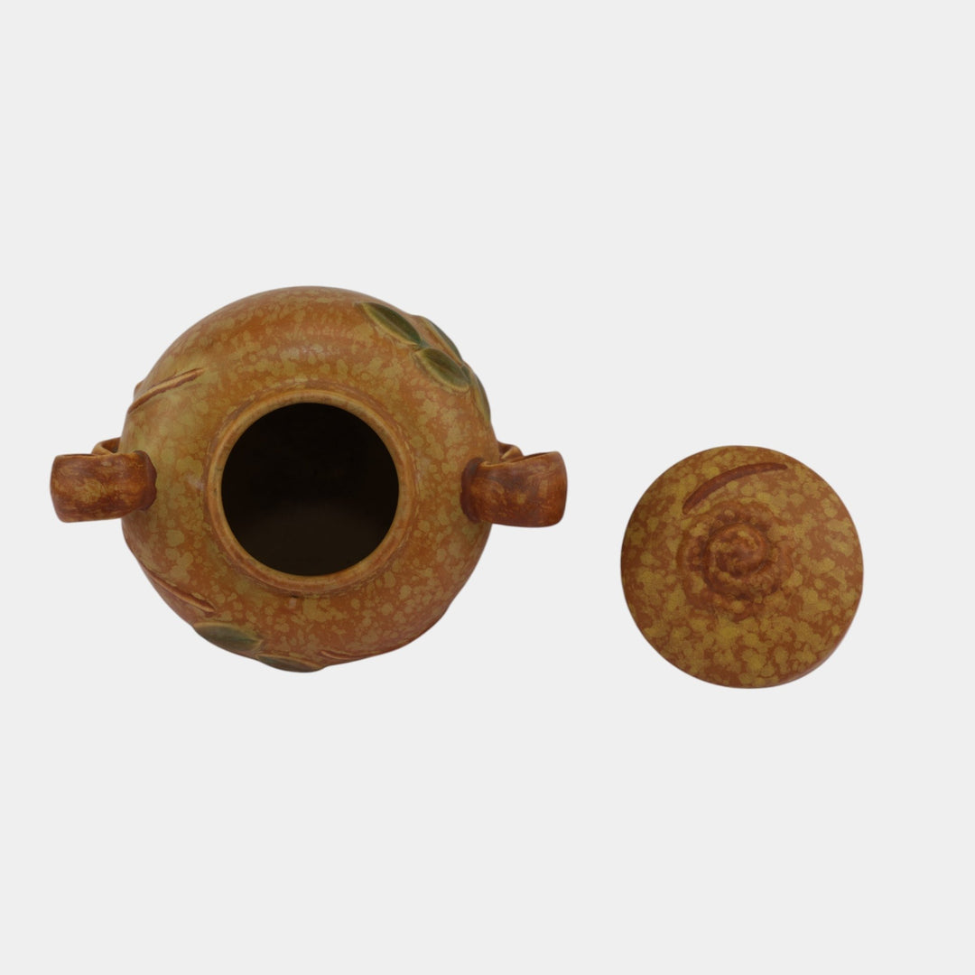 Weller Goldenglow 1920s Vintage Art Pottery Mottled Orange Covered Jar - Just Art Pottery