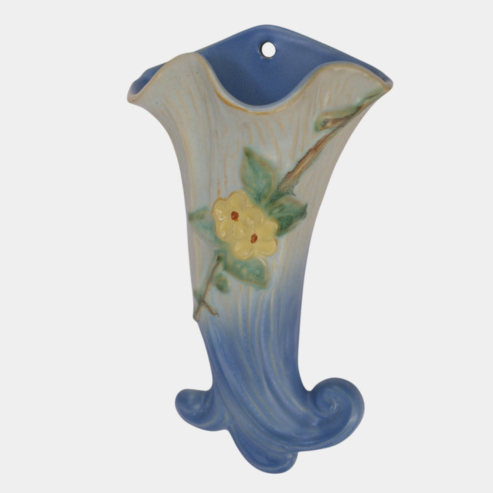 Weller Roba 1930s Vintage Art Pottery White Floral Blue Wall Pocket - Just Art Pottery