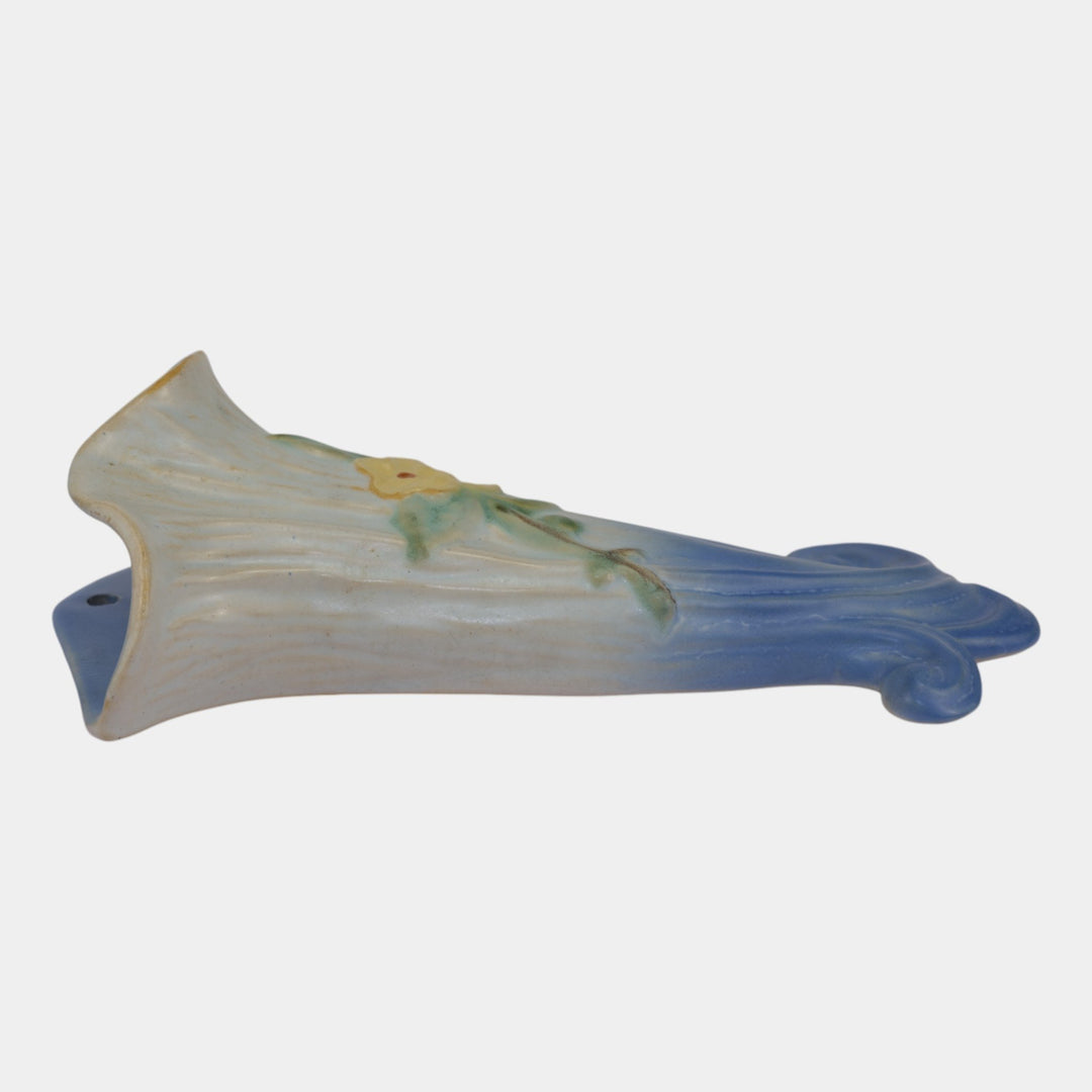 Weller Roba 1930s Vintage Art Pottery White Floral Blue Wall Pocket - Just Art Pottery