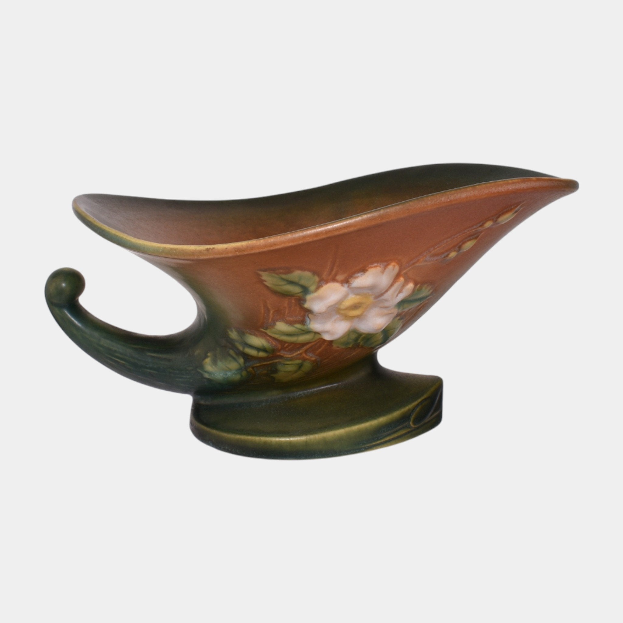 Roseville White Rose Brown Green 1940 Vintage Pottery Cornucopia