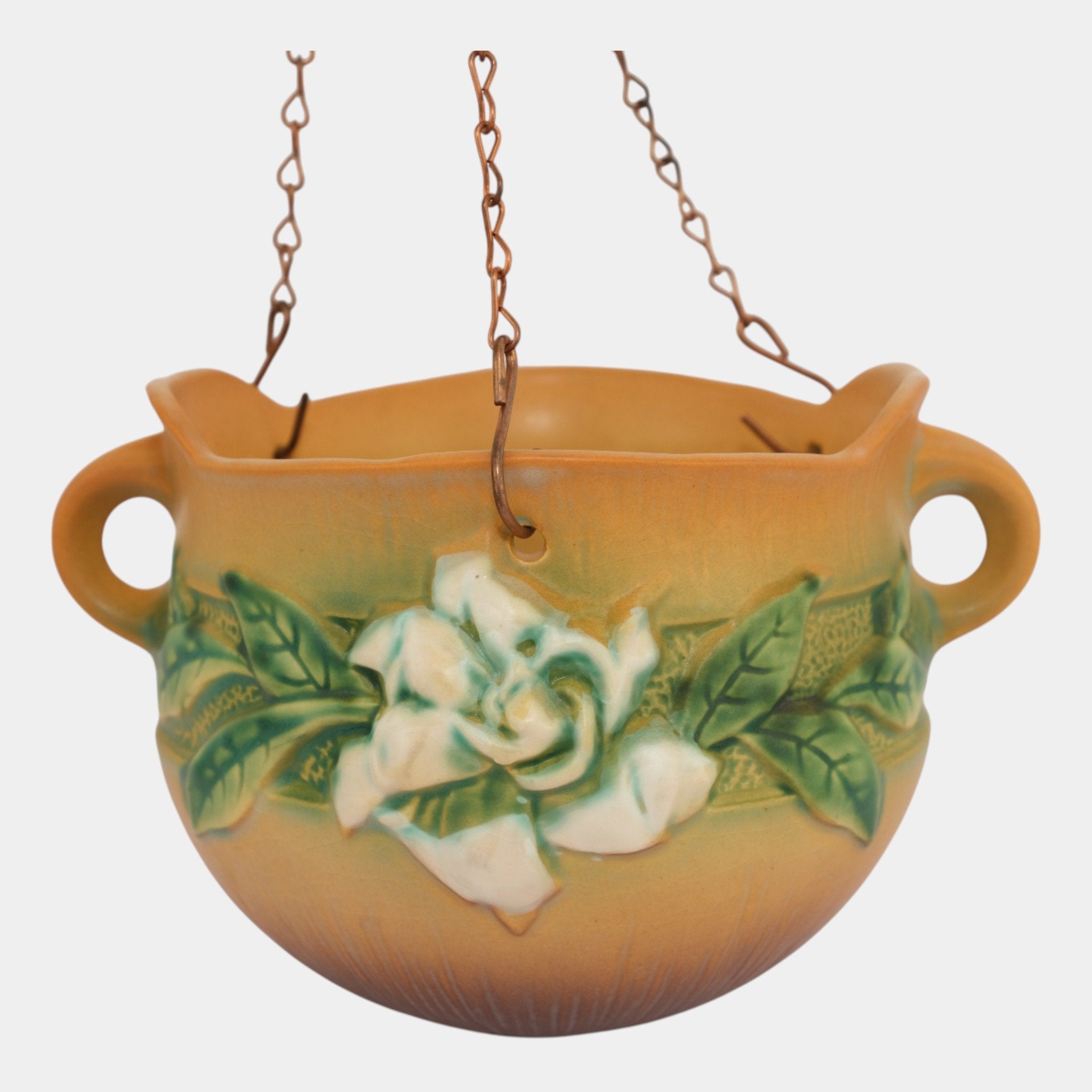 roseville pottery hanging planter Roseville Gardenia Tan 1950 Mid Century Modern Pottery Hanging Basket