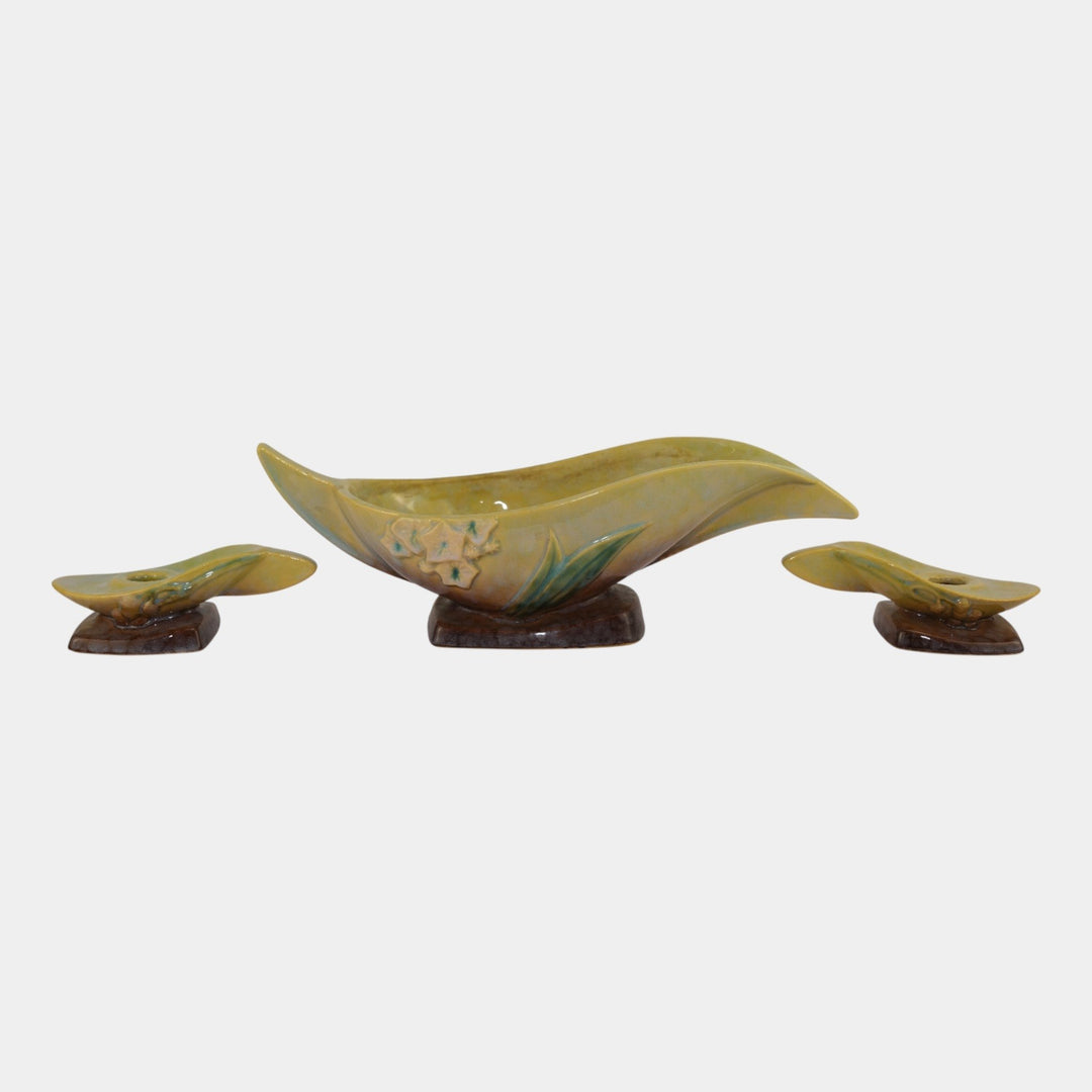 Roseville Pottery Wincraft Art Deco Console Bowl 227-10 And Candle Holders 252 - Just Art Pottery