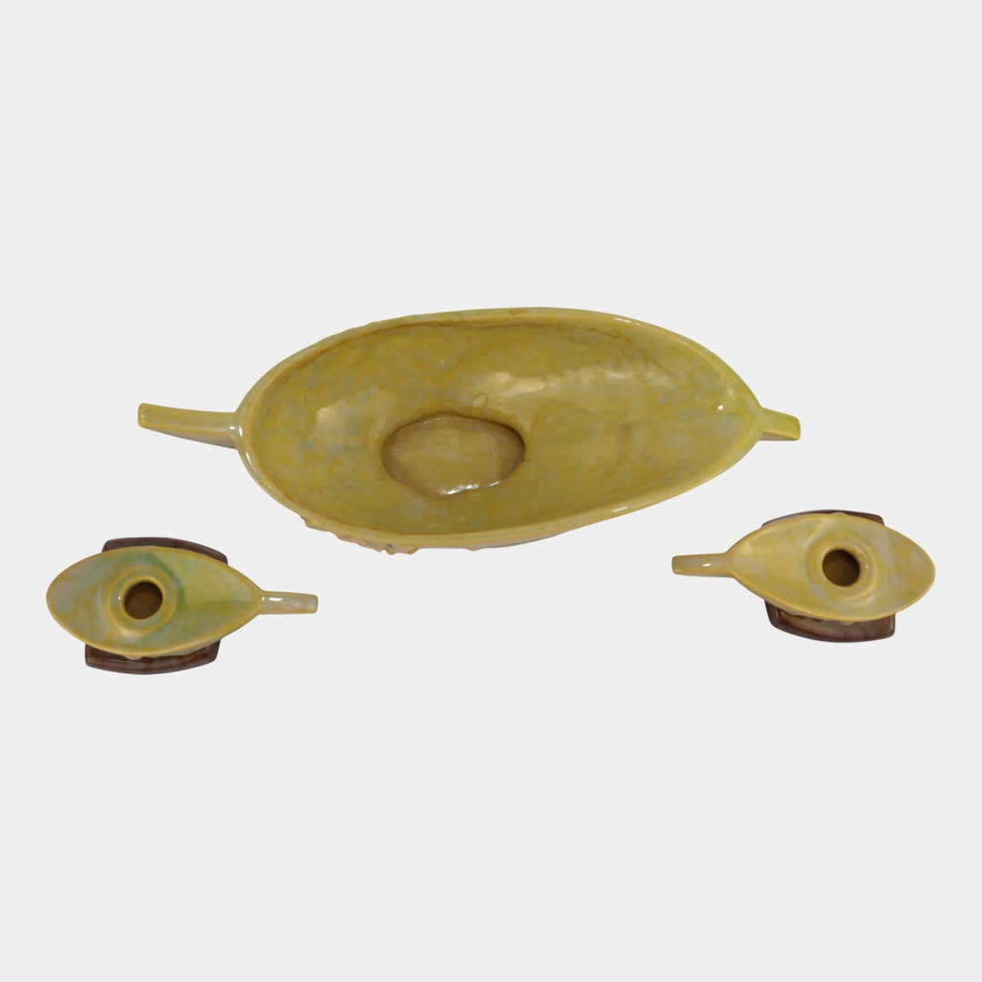 Roseville Pottery Wincraft Art Deco Console Bowl 227-10 And Candle Holders 252 - Just Art Pottery