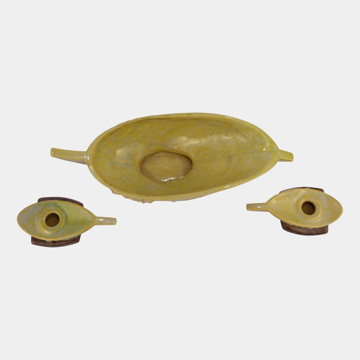 Roseville Pottery Wincraft Art Deco Console Bowl 227-10 And Candle Holders 252 - Just Art Pottery