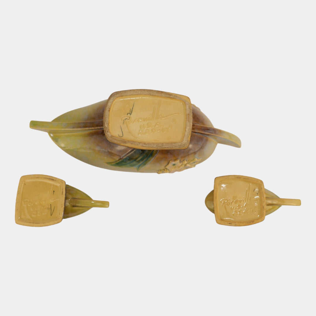 Roseville Pottery Wincraft Art Deco Console Bowl 227-10 And Candle Holders 252 - Just Art Pottery