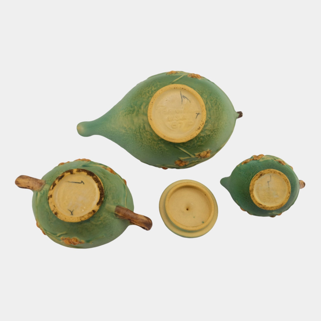 Roseville Bittersweet Green 1951 Pottery Teapot, Sugar Bowl, Creamer Set 871 - Just Art Pottery