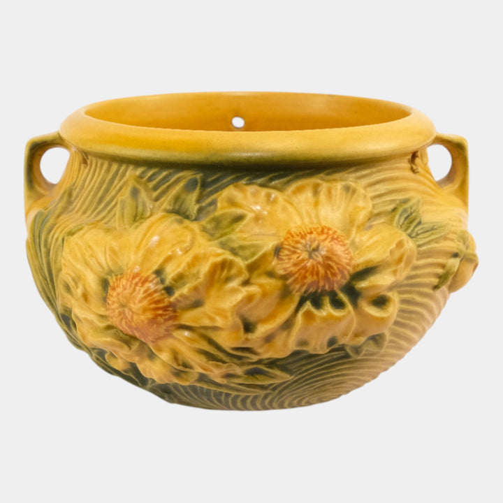 Roseville Peony Yellow 1942 Pottery Hanging Basket Planter 467-5 - Just Art Pottery