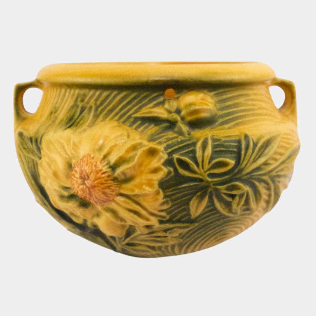 Roseville Peony Yellow 1942 Pottery Hanging Basket Planter 467-5 - Just Art Pottery