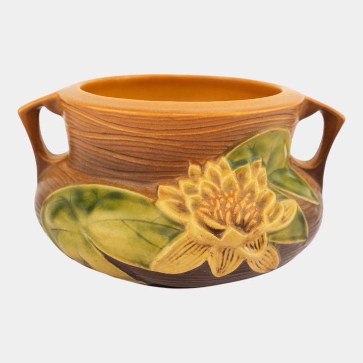 Roseville Water Lily Brown 1943 Vintage Pottery Ceramic Jardiniere Planter 663-4 - Just Art Pottery