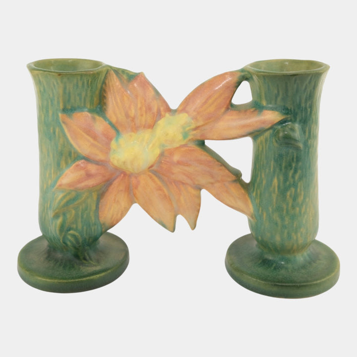 Roseville Pottery Clematis Mid Century Green Double Bud Vase 194-5 - Just Art Pottery