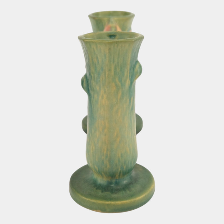 Roseville Pottery Clematis Mid Century Green Double Bud Vase 194-5 - Just Art Pottery