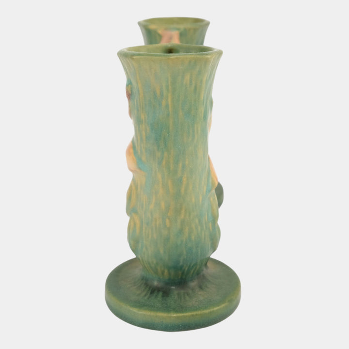 Roseville Pottery Clematis Mid Century Green Double Bud Vase 194-5 - Just Art Pottery