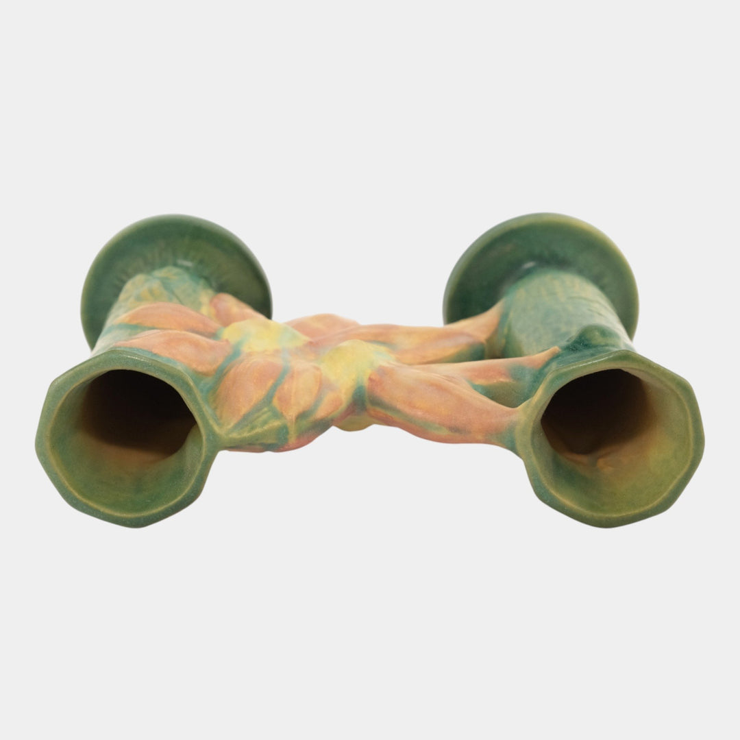 Roseville Pottery Clematis Mid Century Green Double Bud Vase 194-5 - Just Art Pottery