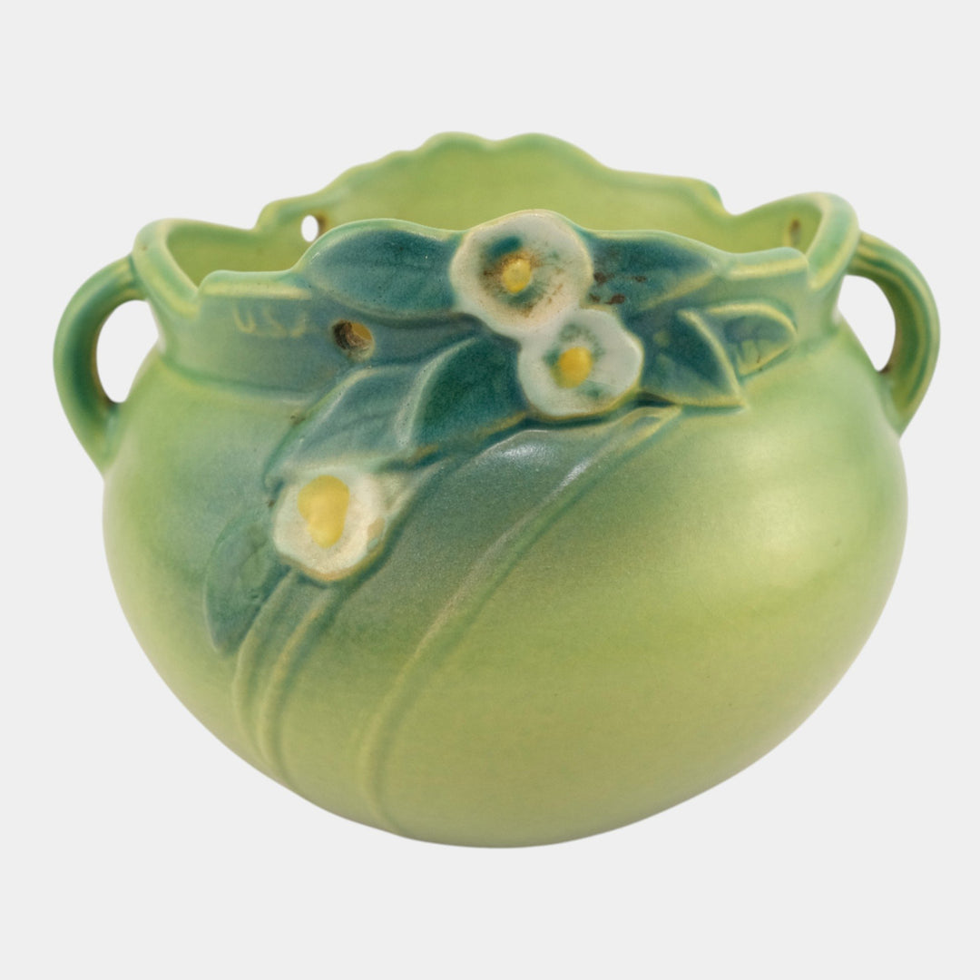 Roseville Mock Orange Green 1950 Mid Century Art Pottery Hanging Basket Planter - Just Art Pottery