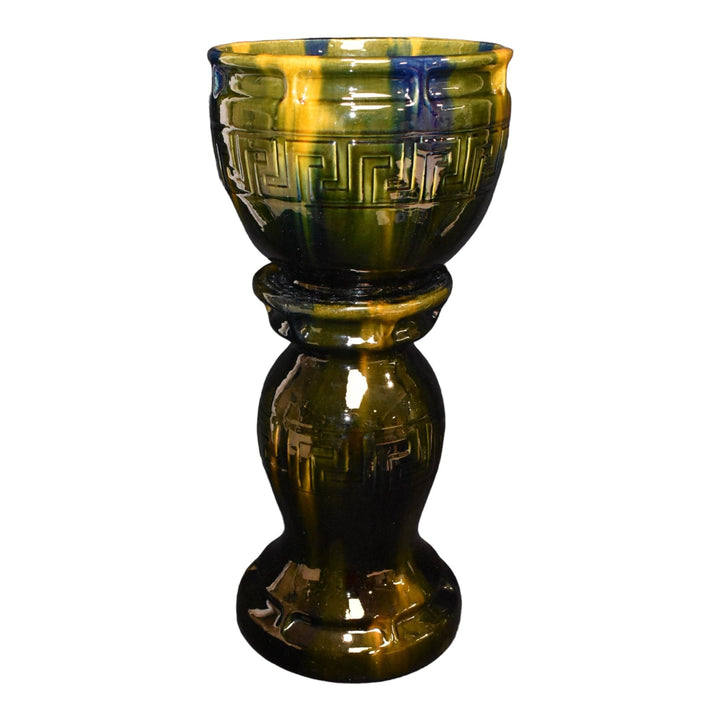Brush McCoy Blended Majolica 1914 Art Pottery Greek Key Jardiniere Pedestal 2220 - Just Art Pottery