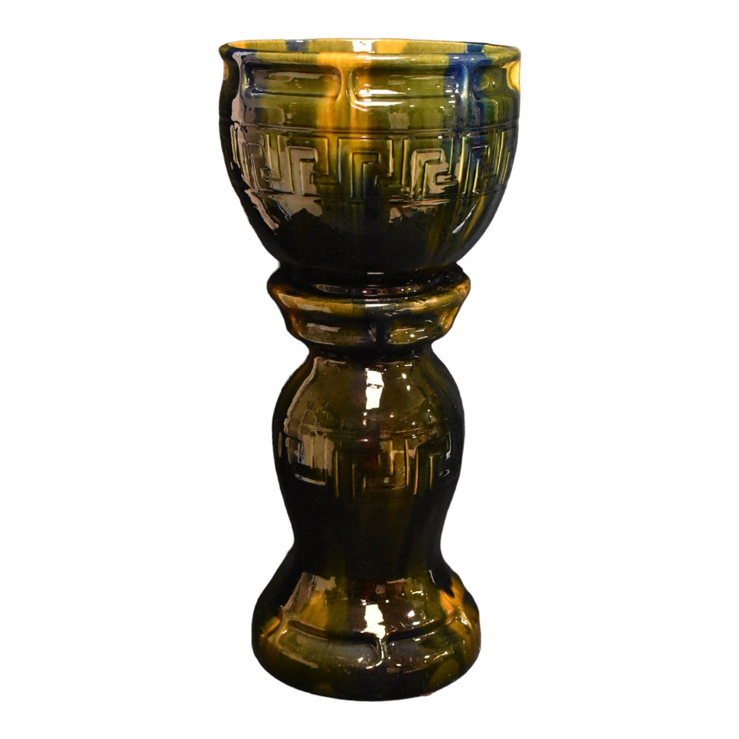 Brush McCoy Blended Majolica 1914 Art Pottery Greek Key Jardiniere Pedestal 2220 - Just Art Pottery