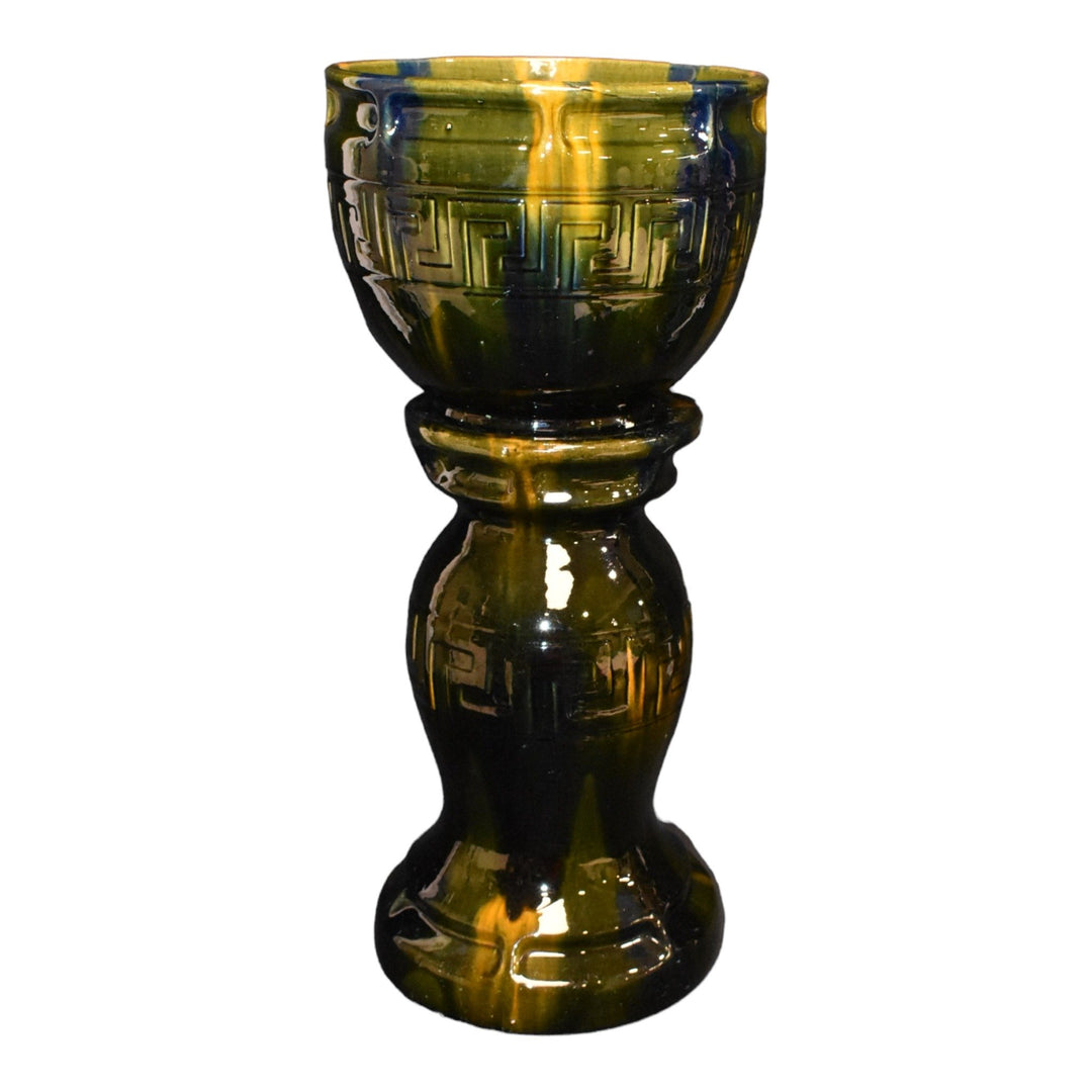 Brush McCoy Blended Majolica 1914 Art Pottery Greek Key Jardiniere Pedestal 2220 - Just Art Pottery