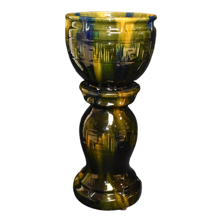 Brush McCoy Blended Majolica 1914 Art Pottery Greek Key Jardiniere Pedestal 2220 - Just Art Pottery